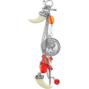 Behave Lange zilver-kleurige ketting met munt, tand, kruisje en rode kralen