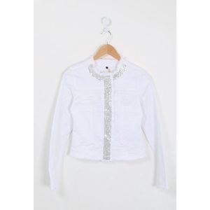 Jeans vestje dames - met blingbling - sierzakken - wit - (maat S)34/36