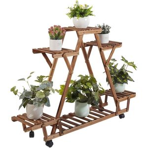 JKN Shop - Plantenrek op wielen - Wandrek - Planten - Driehoek vorm - Ladder Kast - 6 Planken - 6 Laags - Hout - Binnen/buiten