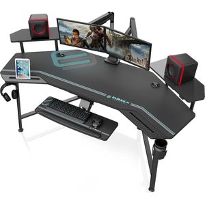 Gaming bureau 182 x 76 cm in vleugelvorm met led verlichting, toetsenbordvak en monitorstandaard
