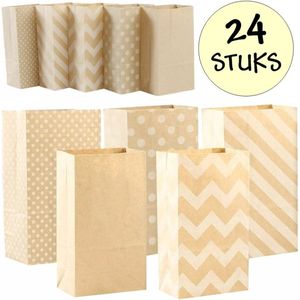 24x Natural Uitdeelzakjes Met Patroon - 13x8x24cm - Stevig Papier - Traktatie Zakjes - Papieren Zakjes - Cadeau Zakjes - Met Blokbodem - Mix - 24 Stuks