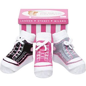 Girl Sneakers: doosje met 3 paar baby sokjes die op sneakers lijken-voor baby meisje 0-12 maanden-Witte vetertjes-Anti slip zooltjes-Kraamcadeau-Baby shower