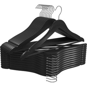 Anti-slip Houten kleerhangers met ronde broek bar & schouder groeven - 360 graden draaibare haak, duurzaam en slank Hangers voor jas, pak, broek, jas (Zwart, set van 20)