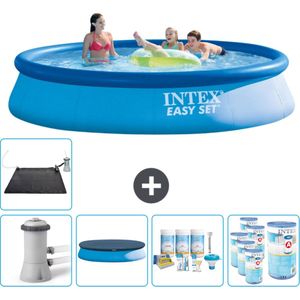 Intex Rond Opblaasbaar Easy Set Zwembad - 396 x 84 cm - Blauw - Inclusief Pomp Afdekzeil - Onderhoudspakket - Filters - Solar Mat