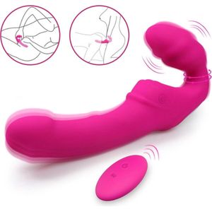 EZlove - Vibrerende Voorbind Dildo inclusief Afstandsbediening - Strapless Strap-On Koppelvibrator - 22 CM - Roze