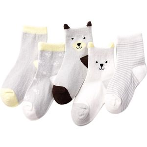 QTTVBTNA - Kinderkousen - Ademend katoen - Comfortabele pasvorm - Cartoon Beren ontwerp - Geschikt voor kinderen van 0-1 jaar - Grijs - Maat XS - 5 paar