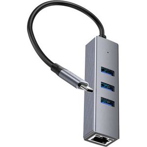 Hoco - USB-C HUB naar RJ45 Ethernet en 3x USB 3.0 - 1000 Mbps - Metaal Grijs