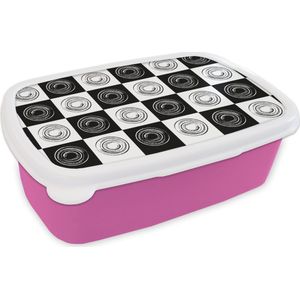 Broodtrommel Roze - Lunchbox - Brooddoos - Patronen - Schaakbord - Zwart Wit - 18x12x6 cm - Kinderen - Meisje