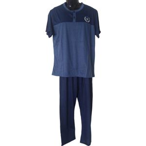 Uniseks Pyjama set Dames & Heren - 2 Delig - Kleur Blauw/Donkerblauw/ - Effen met Opdruk - Maat XXL - Korte Mouwen - Lange Broek - Knopen - Cadeau - Kerst