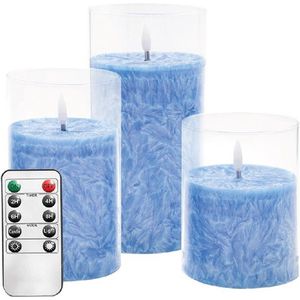 Electrische Kaarsen | Led-Kaarsen | Blauw In Glas | 3 Stuks | Met Afstandsbediening | Op Batterijen | Sfeer | Sfeerkaars