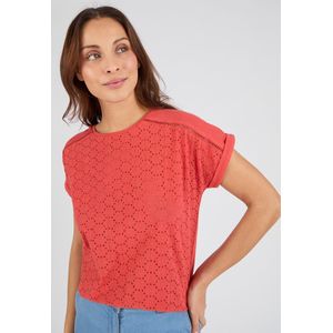 Damart - T-shirt van 2 stoffen met Engels borduurwerk - Dames - Roze - XS