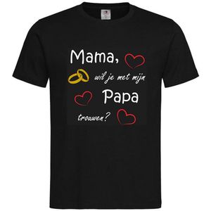 T-shirt Kinderen ""Mama, wil je met mijn papa trouwen?"" | korte mouw | Zwart/wit/rood/goud (shiny) | maat 86/92 (XXS)
