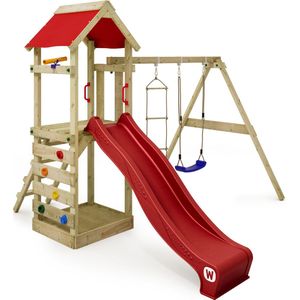 WICKEY speeltoestel klimtoestel FreeFlyer met schommel en rode glijbaan, outdoor speeltoestel voor kinderen met zandbak, ladder en speelaccessoires voor de tuin