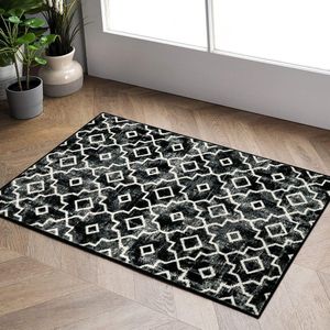Marokkaanse kleine deurmat voor binnen, laagpolig vloerkleed - 60 x 90 cm wasbaar zwart/grijs badkamertapijt, zacht antislip modern badkamertapijt voor slaapkamer keuken entree