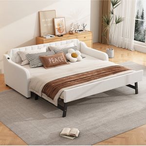 Sweiko Zacht kussenbed, 90x200cm slaapbank, met uitschuifbaar opklapbed, USB-poort, Beige(Geen matras)