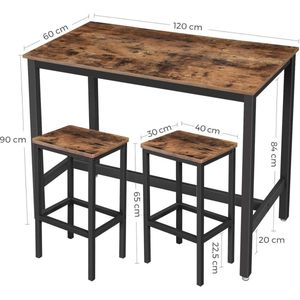 Hoppa! bartafel met barstoelen / bartafelset met 2 barkrukken / aanrecht met barstoelen, keukentafel en keukenstoelen in industrieel ontwerp, voor keuken, 120 x 60 x 90 cm, vintage, donkerbruin