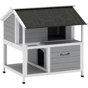 Petsfit Kattenhuis Outdoor 88B x 61D x 78H, met 2 kamers, houten kattenhuis voor buiten, 37 cm hoog, kattenhok, outdoor, zonneterras, open dak