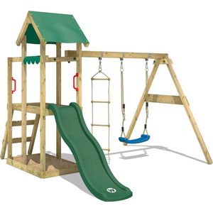WICKEY speeltoestel klimtoestel TinyPlace met schommel en groene glijbaan, outdoor speeltoestel voor kinderen met zandbak, ladder & speelaccessoires voor de tuin