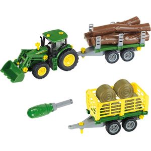 Klein Toys John Deere trekker - 1:24 - om te bouwen naar hout- of hooiwagen - groen geel