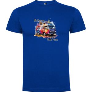 Kobalt Blauw T-Shirt met “Kleurrijke Retro Camper “ Print Full Color Maat S