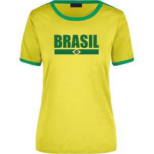 Brasil supporter geel/groen ringer t-shirt Brazilie met vlag - dames - landen shirt - supporter kleding / EK/WK XL