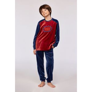 Woody pyjama jongens/heren velours - donkerrood - 'trouble maker' - 252-10-QRM-V/495 - maat 116