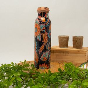 Puur koperen waterfles met bloemenprint ± 950 ml/350 gr. (zware uitvoering)