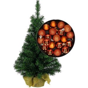 Mini kerstboom/kunst kerstboom H35 cm inclusief kerstballen oranje - Kerstversiering