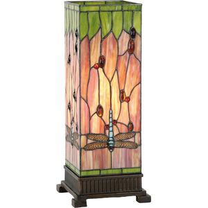 HAES DECO - Tiffany Tafellamp 18x18x45 cm Rood Groen Glas Rechthoek Libelle Tiffany Bureaulamp Tiffany Lampen Glas in Lood