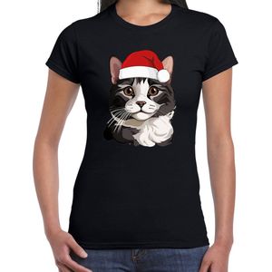 Bellatio Decorations Kerst T-shirt voor dames - grijze kat/poes met kerstmuts - zwart - Kerstfeest XS