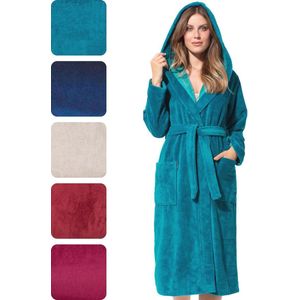 Dames badjas met capuchon van bamboe en katoen, turquoise blauw, maat L