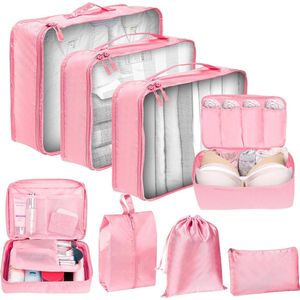 Kofferorganizerset, 8-delig, verpakkingskubussen, set voor koffer, waterdichte koffer, organizer, kleine reisorganizer, roze