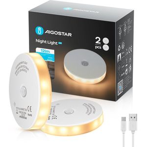 Aigostar 10ZJB - Nachtlampje met Bewegingssensor - 2 stuks - USB oplaadbaar - Dimbare - Kinderen - Babykamer - Warm Licht