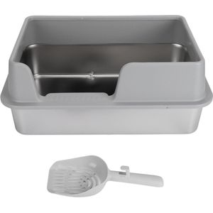 Roestvrijstalen Kattenbak – Open Kattenbak met Hoge Rand – Anti-Spat & Hygiënisch Katten Toilet – Makkelijk Schoon te Maken – Geschikt voor Grote Katten & Kittens – Halfdichte Kattenbak 50x35x20cm met Kattenbakschep