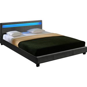 In And OutdoorMatch Houten Bed Skylar - Stof - LED verlichting Bedbodem - 180x200 - Donkergrijs - Modern Design