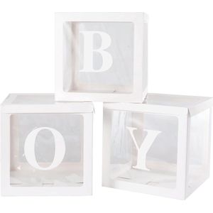 Drie doorzichtige letter ballon blokken Boy wit - boy - ballon box - ballon kubus - babyshower - genderreveal - geboorte