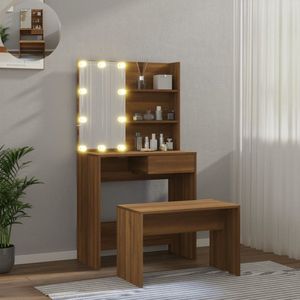 Kaptafel met spiegel en verlichting - Make up tafel - Make up - Toilettafel -Met lades - Bankje - 60 x 40 x 140 cm - Bruineiken
