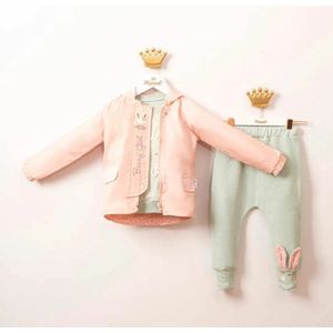 3-pce kledingset /meisje kleding - Maat: 4 jaar - mint/roze - regenjas - trainingspak -konijn