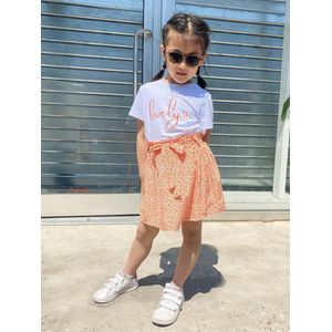 Kinderset Meisjes – "Lovely" T-shirt + Rok – Zomeroutfit – Wit & Oranje – Maten 104 t/m 164