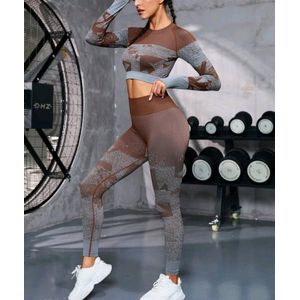 2 delige Sportlegging en Top - Yoga - Fitness set - dames Legging - Sportkleding - Fashion legging - Gym Sports - Legging Fitness Wear - High Waist - BRUIN GRIJS - Maat S 36