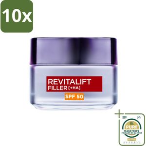 10 x L'Oréal Paris Revitalift Filler - Anti-Aging Dagcrème - Serum - Hyaluronzuur en SPF 50 - 50 ml - Grootverpakking - Anti-aging Crème - Hyaluronzuur Crème - SPF 50 Crème - Rimpelvullende Crème - Dagcrème Voor Huidveroudering