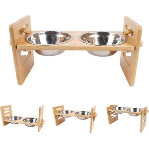 Pet Perfect Voerbak voor Honden – Regelbare Eetbak – Met Houten Standaard - Verhoogd – incl. 2 RVS kommen