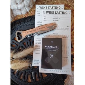 Borrelpakket-Borrelbox Cadeau-Borrelspel-Kaartspel-Cocktailrecepten-Vragenspel-Borrelhapjes-Recepten-Kerstpakket-Relatiegeschenk-Kerst-Sint-Wine-Tasting Cards-Wijnproeverij-Wijnen-Flessenopener-Crisis-Het is pas crisis als de wijn op is-Multitool