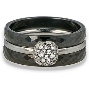 My Bendel - Set van zwart keramiek met zirkonia - Mooie ringenset van twee ringen van zwart keramiek met een zilveren zirconia ring - Met luxe cadeauverpakking