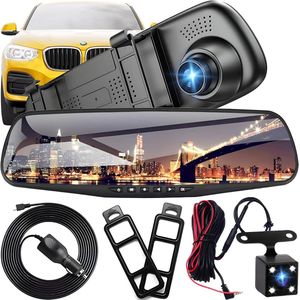 Full HD autospiegeldashcam met achteruitrijcamera met nachtzicht, loop-opname en 4,3-inch display, 170° voor / 120° achter, 1080P dubbele autocamera, parkeermonitor, achteruitrijmonitorsysteem