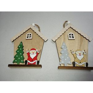 Huisje met Kerstman en Kerstboom hanger - set van 2 stuks - 2 Kleuren - 13 x 9 cm - Hout - Kerst - Kerstboom decoratie - Cadeau Tip !!