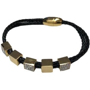 Silventi 980101954 Lederen armband met metalen elementen - zirkonia - zwart - goudkleurig