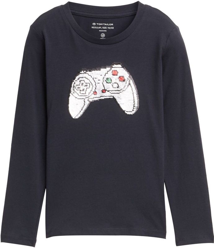 TOM TAILOR - Shirt - Donkergrijs/Wit - Ronde Hals - Lange Mouw