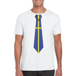 Wit t-shirt met Zweden vlag stropdas heren S