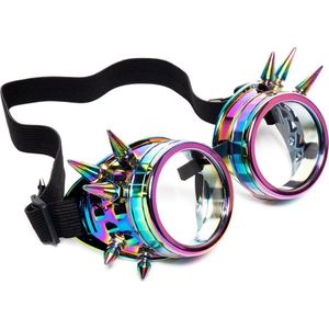 KIMU Goggles Steampunk Bril Met Spikes - Oliekleurig Montuur - Heldere Glazen - Regenboog Olie Spacebril Space Caleidoscope Festival